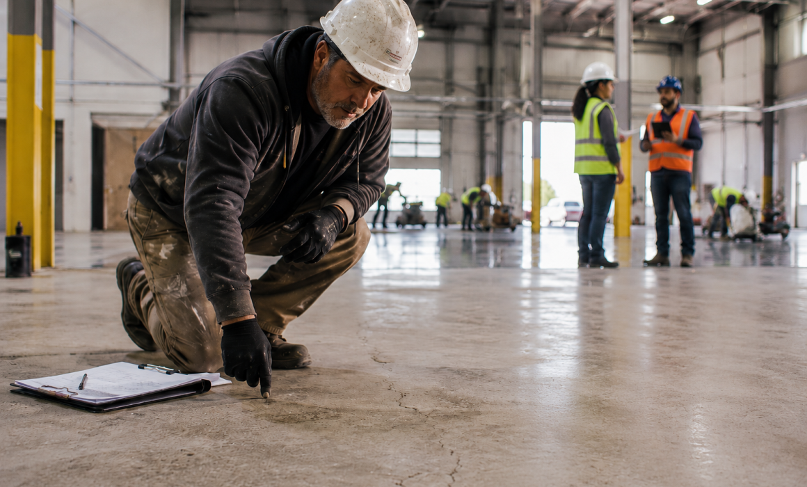 Epoxy flooring contractor reviewing a commercial concrete floor before installation