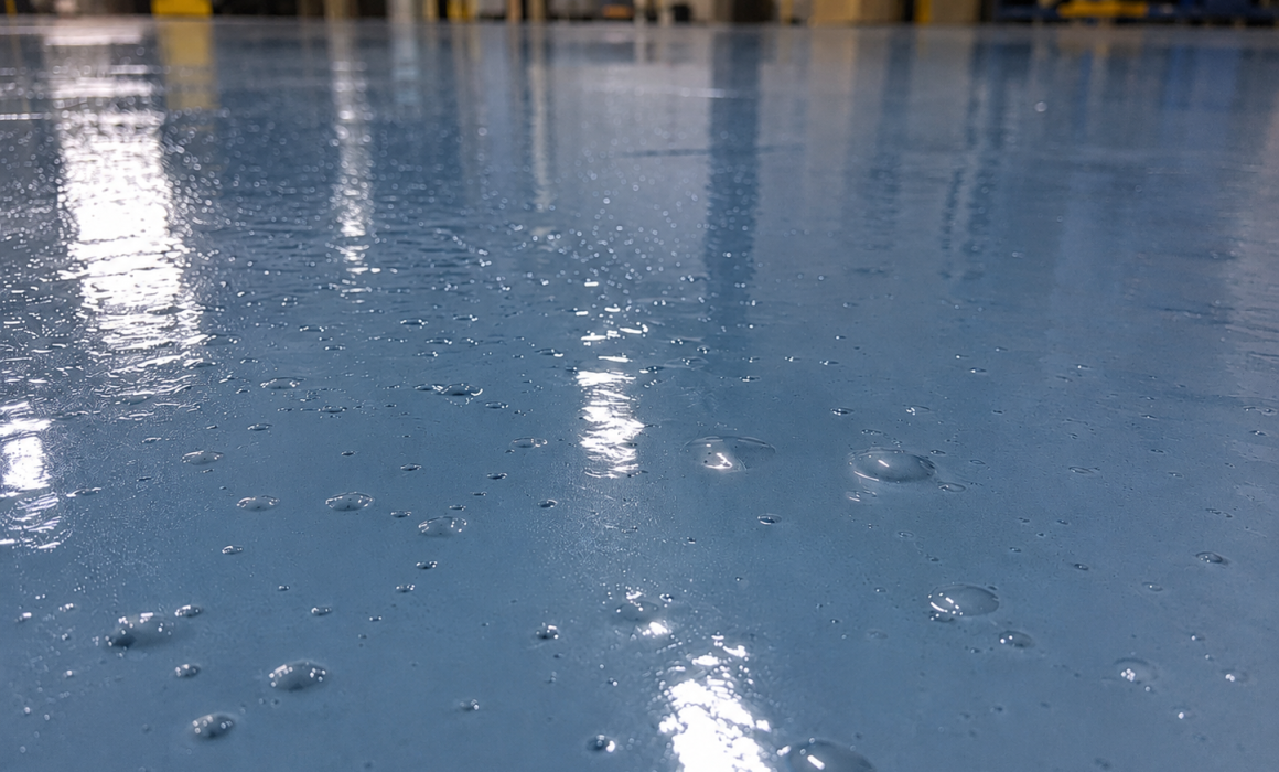 Raised bubbles and pinholes visible across a blue industrial epoxy floor coating.